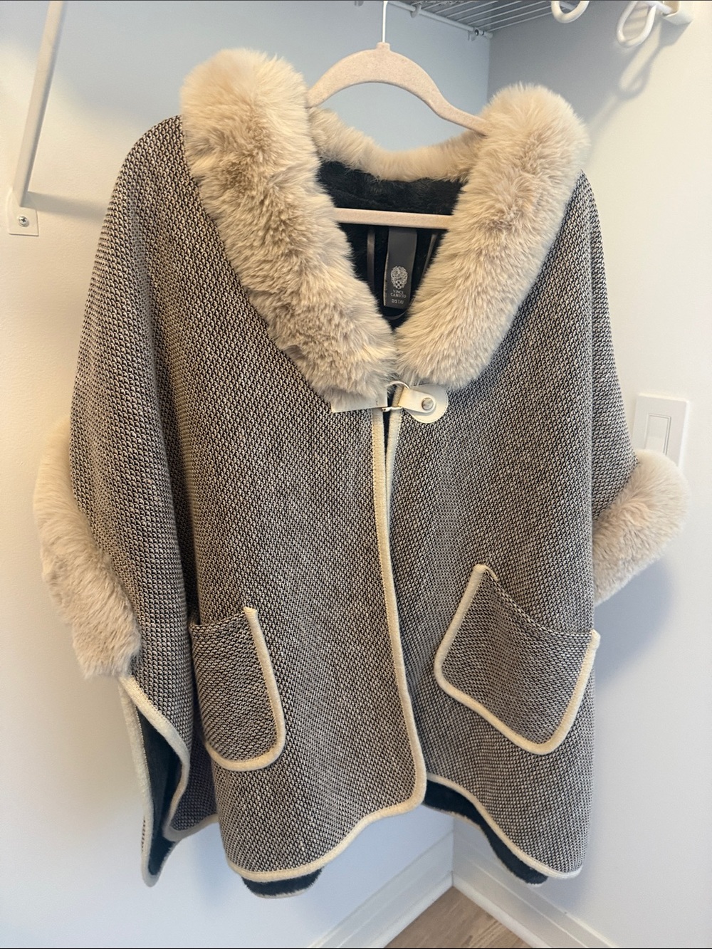 Vince Camuto Taupe Knit Poncho with Cream Faux-Fur Trim